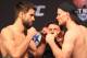 Aug 27, 2013; Indianapolis, IN, USA; Carlos Condit (left) and Martin Kampmann during weigh-ins for the upcoming UFC Fight Night 27 at Bankers Life Fieldhouse. Mandatory Credit: Pat Lovell-USA TODAY Sports