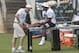 Jul 27, 2013; Spartanburg, SC USA; Carolina Panthers running back Jonathan Stewart (28) gets looked at by a trainer during practice held at Wofford College. Mandatory Credit: Jeremy Brevard-USA TODAY Sports
