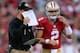 SAN FRANCISCO, CA - AUGUST 25: Head Coach Jim Harbaugh of the San Francisco 49ers gives his quarterback Colt McCoy the play to run in the second quarter against the Minnesota Vikings at Candlestick Park on August 25, 2013 in San Francisco, California. (Photo by Thearon W. Henderson/Getty Images)