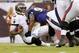 Aug 8, 2013; Tampa, FL, USA; Tampa Bay Buccaneers quarterback Josh Freeman (5) gets sacked by Baltimore Ravens defensive tackle Chris Canty (99) during the first quarter at Raymond James Stadium. Mandatory Credit: Kim Klement-USA TODAY Sports
