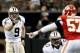 Aug 9, 2013; New Orleans, LA, USA; New Orleans Saints quarterback Drew Brees (9) against the Kansas City Chiefs during the first half of a preseason game at the Mercedes-Benz Superdome. The Saints defeated the Chiefs 17-13. Mandatory Credit: Derick E. Hingle-USA TODAY Sports