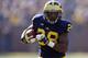ANN ARBOR, MI - NOVEMBER 17: Fitzgerald Toussaint #28 of the Michigan Wolverines looks for running room during a first quarter run while playing the Iowa Hawkeyes at Michigan Stadium on November 17, 2012 in Ann Arbor, Michigan. Toussaint was seriously injured at the end of the play and needed to be taken off the field by paramedics. Michigan won the game 42-17. (Photo by Gregory Shamus/Getty Images)
