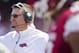 Aug 31, 2013; Fayetteville, AR, USA; Arkansas Razorback head coach Bret Bielema watches a play during a game against the Louisiana Ragin' Cajuns at Donald W. Reynolds Razorback Stadium. Mandatory Credit: Beth Hall-USA TODAY Sports