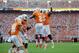 Aug 31, 2013; Knoxville, TN, USA; Tennessee Volunteers wide receiver Pig Howard (2) celebrates a touchdown catch against the Austin Peay Governors with running back Marlin Lane (15) at Neyland Stadium. Mandatory Credit: Randy Sartin-USA TODAY Sports