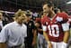 Aug 31, 2013; Atlanta, GA, USA; Alabama Crimson Tide quarterback AJ McCarron (10) and head coach Nick Saban react after defeating the Virginia Tech Hokies in the 2013 Chick-fil-A Kickoff game at the Georgia Dome. Alabama won 35-10. Mandatory Credit: Paul Abell-USA TODAY Sports