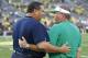 ANN ARBOR, MI - SEPTEMBER 10: University of Michigan head coach Brady Hoke and Notre Dame head coach Brian Kelly meet on the field prior to the start of the game at Michigan Stadium on September 10, 2011 in Ann Arbor, Michigan. (Photo by Leon Halip/Getty Images)
