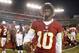 Aug 29, 2013; Tampa, FL, USA; Washington Redskins quarterback Robert Griffin III (10) smiles after the game against the Tampa Bay Buccaneers at Raymond James Stadium. The Redskins won 30-12. Mandatory Credit: Kim Klement-USA TODAY Sports
