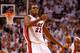 MIAMI, FL - JUNE 17: James Jones #22 of the Miami Heat reacts after he made a 3-point basket in the second half against the Oklahoma City Thunder in Game Three of the 2012 NBA Finals on June 17, 2012 at American Airlines Arena in Miami, Florida. NOTE TO USER: User expressly acknowledges and agrees that, by downloading and or using this photograph, User is consenting to the terms and conditions of the Getty Images License Agreement. (Photo by Mike Ehrmann/Getty Images)