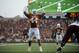 Aug 31, 2013; Austin, TX, USA; Texas Longhorns defensive end Jackson Jeffcoat (44) reacts against the New Mexico State Aggies during the first half at Darrell K Royal-Texas Memorial Stadium. Texas beat New Mexico State 56-7. Mandatory Credit: Brendan Maloney-USA TODAY Sports