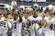 Aug 31, 2013; East Rutherford, NJ, USA; Penn State Nittany Lions players celebrate following the game against the Syracuse Orange at MetLife Stadium. Penn State defeated Syracuse 23-17. Mandatory Credit: Rich Barnes-USA TODAY Sports