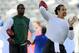 Aug 24, 2013; East Rutherford, NJ, USA; New York Jets quarterback Mark Sanchez (6) drops back to pass in front of New York Jets quarterback Geno Smith (7) during warmups before a game against the New York Giants at MetLife Stadium. Mandatory Credit: Brad Penner-USA TODAY Sports