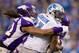 Nov 11, 2012; Minneapolis, MN, USA; Detroit Lions wide receiver Calvin Johnson (81) catches a pass as Minnesota Vikings safety Mistral Raymond (41) tries to stop him short of the end zone in the fourth quarter at the Metrodome. The Vikings win 34-24. Mandatory Credit: Bruce Kluckhohn-USA TODAY Sports