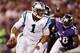 BALTIMORE, MD - AUGUST 22: Quarterback Cam Newton #1 of the Carolina Panthers scrambles away from linebacker Elvis Dumervil #58 of the Baltimore Ravens during the first half of a preseason game at M&T Bank Stadium on August 22, 2013 in Baltimore, Maryland. (Photo by Rob Carr/Getty Images)
