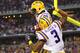 ARLINGTON, TX - AUGUST 31: Jarvis Landry #80 of the LSU Tigers celebrates his touchdown with Odell Beckham Jr. #3 against the TCU Horned Frogs at AT&T Stadium on August 31, 2013 in Arlington, Texas. (Photo by Ronald Martinez/Getty Images)
