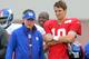 Aug 7, 2013; East Rutherford, NJ, USA; New York Giants head coach Tom Coughlin (left) with quarterback Eli Manning (10) during team practice at the Quest Diagnostics Training Center. Mandatory Credit: Brad Penner-USA TODAY Sports