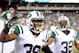 Aug 29, 2013; East Rutherford, NJ, USA; New York Jets strong safety Antonio Allen (39) celebrates an interception return for a touchdown against the Philadelphia Eagles during the second half of a preseason game at Metlife Stadium. The Jets won 27-20. Mandatory Credit: Joe Camporeale-USA TODAY Sports
