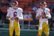 Aug 29, 2013; Honolulu, HI, USA; Southern California Trojans quarterbacks Cody Kessler (6) and Max Wittek (13) before the game against the Hawaii Rainbow Warriors at Aloha Stadium. Mandatory Credit: Kirby Lee-USA TODAY Sports