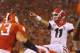 Aug 31, 2013; Clemson, SC, USA; Georgia Bulldogs quarterback Aaron Murray (11) prior to the snap during the first quarter against the Clemson Tigers at Clemson Memorial Stadium. Mandatory Credit: Joshua S. Kelly-USA TODAY Sports