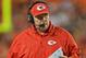 KANSAS CITY, MO - AUGUST 16: Head coach Andy Reid of the Kansas City Chiefs checks his play chart against the San Francisco 49ers during the second half on August 16, 2013 at Arrowhead Stadium in Kansas City, Missouri. The 49ers won 15-13. (Photo by Peter Aiken/Getty Images)