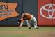 September 6, 2013; San Francisco, CA, USA; San Francisco Giants left fielder Juan Perez (2) makes a diving catch on a ball off the bat of Arizona Diamondbacks starting pitcher Patrick Corbin (46, not pictured) during the sixth inning at AT&T Park. Mandatory Credit: Kyle Terada-USA TODAY Sports