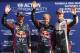 MONZA, ITALY - SEPTEMBER 07: Sebastian Vettel (C) of Germany and Infiniti Red Bull Racing celebrates finishing first alongside second placed Mark Webber (L) of Australia and Infiniti Red Bull Racing and third placed Nico Hulkenberg (R) of Germany and Sauber F1 following qualifying for the Italian Formula One Grand Prix at Autodromo di Monza on September 7, 2013 in Monza, Italy. (Photo by Mark Thompson/Getty Images)