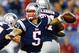 FOXBORO, MA - AUGUST 29: Tim Tebow #5 of the New England Patriots throws a pass against the New York Giants in the second half during the preseason game at Gillette Stadium on August 29, 2013 in Foxboro, Massachusetts. (Photo by Jared Wickerham/Getty Images)