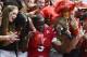 Sep 7, 2013; Louisville, KY, USA; Louisville Cardinals quarterback Teddy Bridgewater (5) celebrates with the fans after the game against Eastern Kentucky Colonels at Papa John's Cardinal Stadium. Louisville defeated Eastern Kentucky 44-7. Mandatory Credit: Jamie Rhodes-USA TODAY Sports