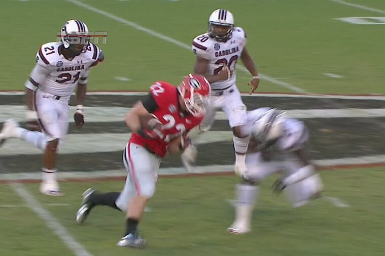 Georgia RB Brendan Douglas Trucks a South Carolina Defender