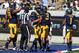 Sep 7, 2013; Berkeley, CA, USA; California Golden Bears quarterback Jared Goff (16) celebrates with wide receiver Maurice Harris (3) after his touchdown catch against the Portland State Vikings during the second quarter at Memorial Stadium. Mandatory Credit: Kelley L Cox-USA TODAY Sports