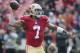 Aug 8, 2013; San Francisco, CA, USA; San Francisco 49ers quarterback Colin Kaepernick (7) attempts to throw a pass against the Denver Broncos at Candlestick Park. Mandatory Credit: Ed Szczepanski-USA TODAY Sports