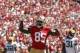 Sep 8, 2013; San Francisco, CA, USA; San Francisco 49ers tight end Vernon Davis (85) celebrates after scoring a touchdown against the Green Bay Packers in the first quarter at Candlestick Park. Mandatory Credit: Cary Edmondson-USA TODAY Sports