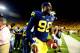 Sep 7, 2013; Ann Arbor, MI, USA; Michigan Wolverines quarterback Devin Gardner (98) runs off the field after defeating Notre Dame Fighting Irish 41-30 at Michigan Stadium. Mandatory Credit: Andrew Weber-USA TODAY Sports
