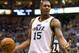 Jan 26, 2013; Salt Lake City, UT, USA; Utah Jazz power forward Derrick Favors (15) reacts to a call during the first half against the Indiana Pacers at EnergySolutions Arena. Mandatory Credit: Russ Isabella-USA TODAY Sports