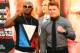 NEW YORK, NY - JUNE 24: Floyd Mayweather and Canelo Alvarez pose for a photo during a news conference at the Pedestrian Walk in Times Square on June 24, 2013 in New York City. Floyd Mayweather and Canelo Alvarez are scheduled to fight September 14 at the MGM Grand in Las Vegas, Nevada to unifty their junior middleweight world titles. (Photo by Mike Stobe/Getty Images)