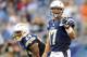 Aug 8, 2013; San Diego, CA, USA; San Diego Chargers quarterback Philip Rivers (17) and running back Ryan Mathews (24) during the first half against the Seattle Seahawks at Qualcomm Stadium. Mandatory Credit: Christopher Hanewinckel-USA TODAY Sports
