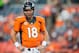 DENVER, CO - SEPTEMBER 5: Quarterback Peyton Manning #18 of the Denver Broncos before the game against the Baltimore Ravens at Sports Authority Field at Mile High on September 5, 2013 in Denver Colorado. (Photo by Dustin Bradford/Getty Images)