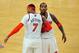 May 7, 2013; New York, NY, USA; New York Knicks small forward Carmelo Anthony (7) and shooting guard J.R. Smith (8) celebrate against the Indiana Pacers during the second half in game two of the second round of the 2013 NBA Playoffs at Madison Square Garden. Knicks won the game 105-79. Mandatory Credit: Joe Camporeale-USA TODAY Sports