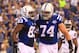 Sep 8, 2013; Indianapolis, IN, USA; Indianapolis Colts tight end Dwayne Allen (83) celebrates with Indianapolis Colts tackle Anthony Castonzo (74) after scoring a touchdown against the Oakland Raiders at Lucas Oil Stadium. Mandatory Credit: Pat Lovell-USA TODAY Sports