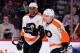 MONTREAL, CANADA - APRIL 15: Wayne Simmonds #17 of the Philadelphia Flyers celebrates his first period goal with teammate Matt Read #24 during the NHL game against the Montreal Canadiens at the Bell Centre on April 15, 2013 in Montreal, Quebec, Canada. The Flyers defeated the Canadiens 7-3. (Photo by Richard Wolowicz/Getty Images)