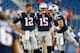 FOXBORO, MA - AUGUST 16: Tom Brady #12, Ryan Mallett #15, and Tim Tebow #5 of the New England Patriots warm up prior to the game against the Tampa Bay Buccaneers at Gillette Stadium on August 16, 2013 in Foxboro, Massachusetts. (Photo by Jared Wickerham/Getty Images)