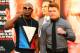 NEW YORK, NY - JUNE 24: Floyd Mayweather and Canelo Alvarez pose for a photo during a news conference at the Pedestrian Walk in Times Square on June 24, 2013 in New York City. Floyd Mayweather and Canelo Alvarez are scheduled to fight September 14 at the MGM Grand in Las Vegas, Nevada to unifty their junior middleweight world titles. (Photo by Mike Stobe/Getty Images)