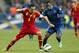 PARIS, FRANCE - MARCH 26: Xavi of Spain (L) in action with Blaise Matuidi of France during a FIFA 2014 World Cup Qualifier between France and Spain at Stade de France on March 26, 2013 in Paris, France. (Photo by Scott Heavey/Getty Images)