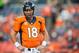 DENVER, CO - SEPTEMBER 5: Quarterback Peyton Manning #18 of the Denver Broncos before the game against the Baltimore Ravens at Sports Authority Field at Mile High on September 5, 2013 in Denver Colorado. (Photo by Dustin Bradford/Getty Images)