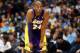 Feb 25, 2013; Denver, CO, USA; Los Angeles Lakers guard Kobe Bryant (24) reacts during the first half against the Denver Nuggets at the Pepsi Center. Mandatory Credit: Chris Humphreys-USA TODAY Sports