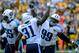 PITTSBURGH, PA - SEPTEMBER 8: Jurrell Casey # 99 of the Tennessee Titans celebrates with Bernard Pollard #31 of the Tennessee Titans after a sack late in the fourth quarter against the Pittsburgh Steelers at Heinz Field on September 8, 2013 in Pittsburgh, Pennsylvania. (Photo by Vincent Pugliese/Getty Images)