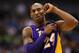 DALLAS, TX - FEBRUARY 24: Kobe Bryant #24 of the Los Angeles Lakers wears a JB patch in memory of Dr. Jerry Buss at American Airlines Center on February 24, 2013 in Dallas, Texas. NOTE TO USER: User expressly acknowledges and agrees that, by downloading and or using this photograph, User is consenting to the terms and conditions of the Getty Images License Agreement. (Photo by Ronald Martinez/Getty Images)