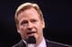 INDIANAPOLIS, IN - FEBRUARY 05: Commissioner of the National Football League Roger Goodell talks during the trophy presentation after Super Bowl XLVI at Lucas Oil Stadium on February 5, 2012 in Indianapolis, Indiana. (Photo by Elsa/Getty Images)