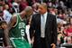 ATLANTA, GA - APRIL 29: Coach Doc Rivers talks to Kevin Garnett #5 of the Boston Celtics during the closing seconds of a loss to the Atlanta Hawks in Game One of the Eastern Conference Quarterfinals in the 2012 NBA Playoffs on April 29, 2012 at Philips Arena in Atlanta, Georgia. The Hawks won 83-74. NOTE TO USER: User expressly acknowledges and agrees that, by downloading and or using this photograph, User is consenting to the terms and conditions of the Getty Images License Agreement. (Photo by Grant Halverson/Getty Images)