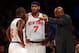 NEW YORK, NY - JANUARY 27: Head coach Mike Woodson talks with Raymond Felton #2 and Carmelo Anthony #7 of the New York Knicks during a time out against the Atlanta Hawks on January 27, 2013 at Madison Square Garden in New York City. The New York Knicks defeated the Atlanta Hawks 106-104. NOTE TO USER: User expressly acknowledges and agrees that, by downloading and/or using this photograph, user is consenting to the terms and conditions of the Getty Images License Agreement. (Photo by Elsa/Getty Images)