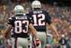 FOXBORO, MA - OCTOBER 7: Wes Welker #83 of the New England Patriots reacts in the end zone with teammate Tom Brady #12 after a touchdown against the Denver Broncos in the first half at Gillette Stadium on October 7, 2012 in Foxboro, Massachusetts. (Photo by Jim Rogash/Getty Images)